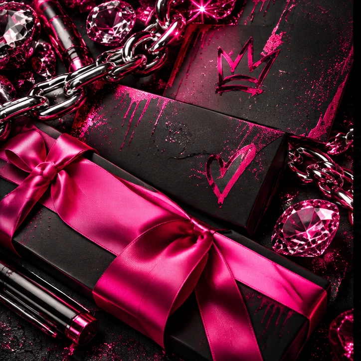 Black brand stationery with hot pink satin ribbon and chrome chain.