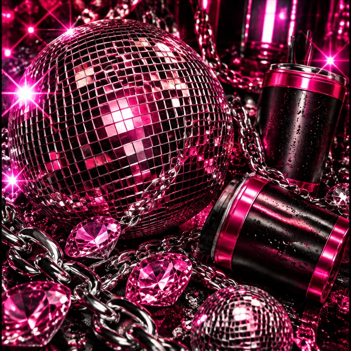 Hot pink mirror ball and chrome campaign art.