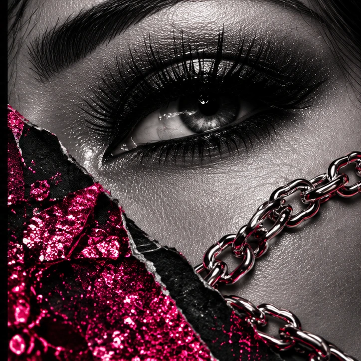 Editorial smoky eye and silver chain creative concept.