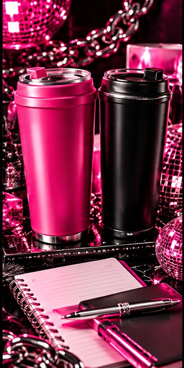 Pink and black tumblers beside a digital planner concept.