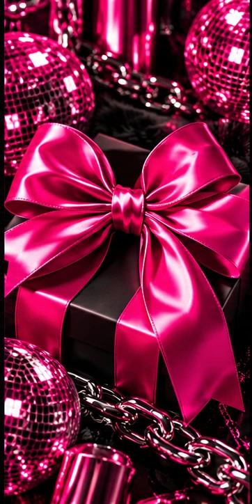 Glossy hot pink satin bow on a black custom gift box.