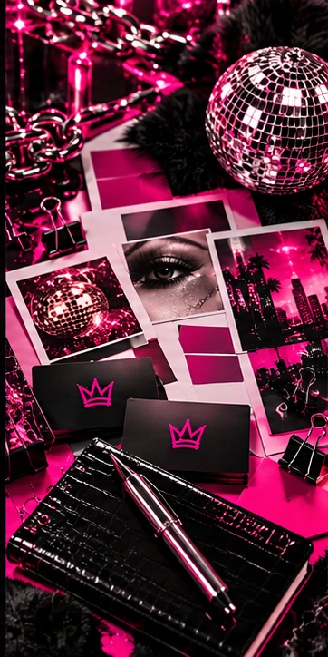 A creative strategy moodboard with color swatches, stationery and chrome details.